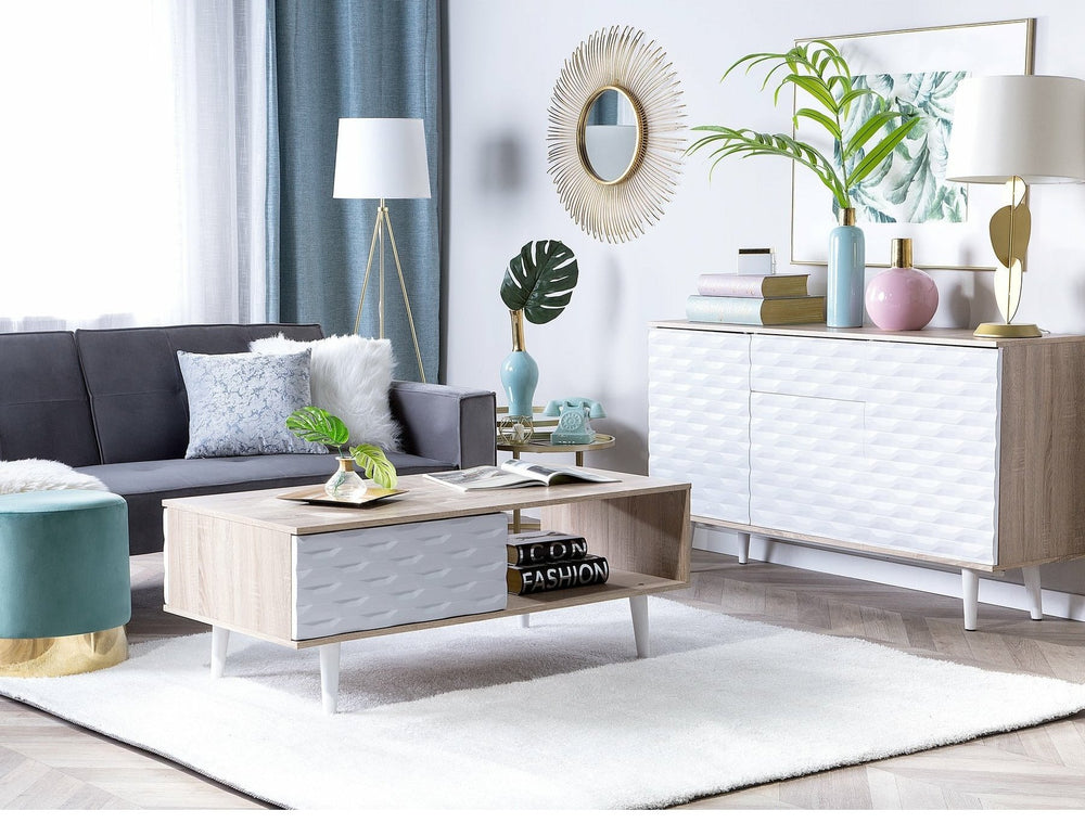 Coffee Table with Drawer White and Light Wood SWANSEA
