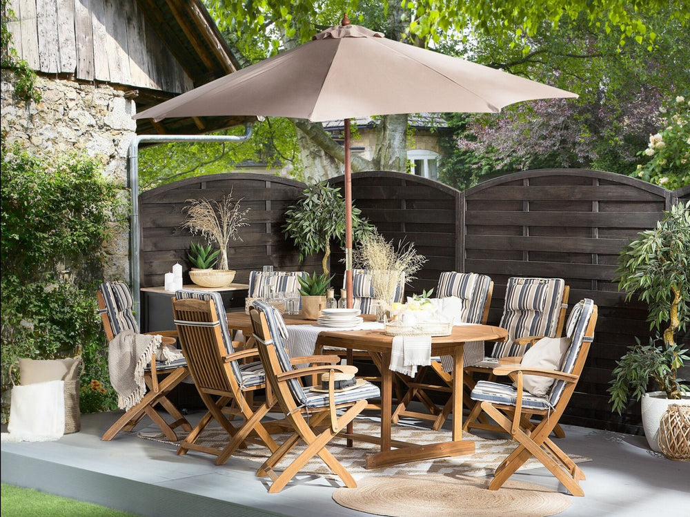 Maui 8 Seater Acacia Wood Garden Dining Set with Beige Parasol and Blue Stripes Cushions