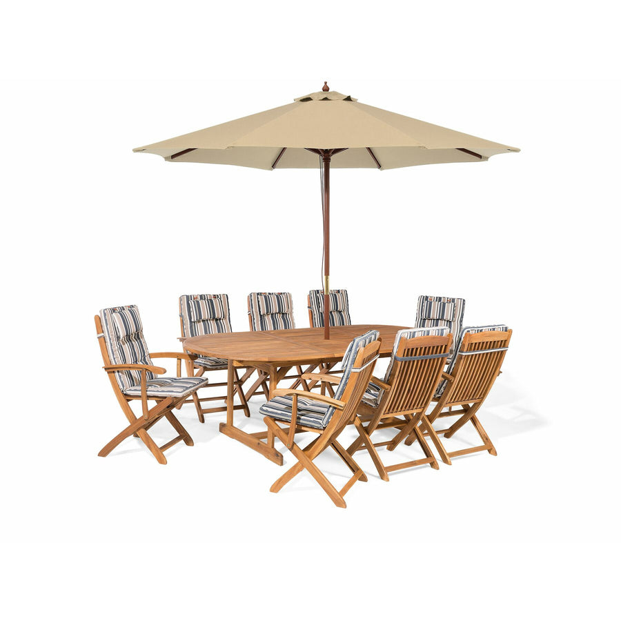 Maui 8 Seater Acacia Wood Garden Dining Set with Beige Parasol and Blue Stripes Cushions