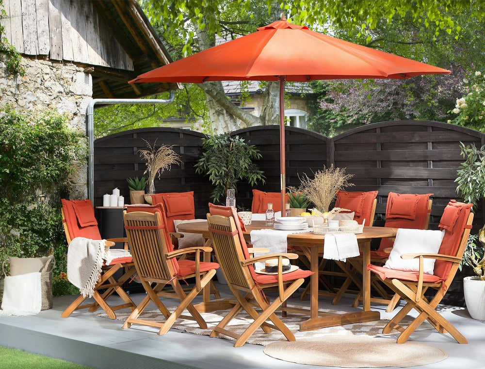 Maui 8 Seater Acacia Wood Garden Dining Set with Parasol and Red Cushions