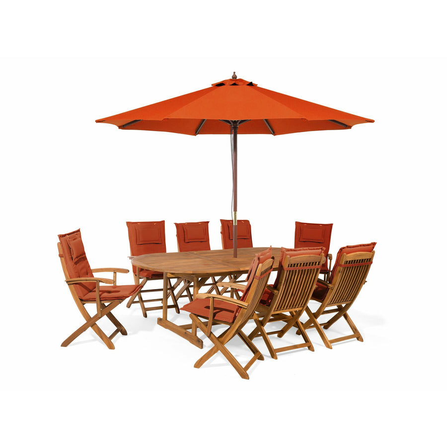 Maui 8 Seater Acacia Wood Garden Dining Set with Parasol and Red Cushions