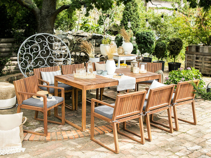 8 Seater Acacia Wood Garden Dining Set with Grey Cushions Sassari