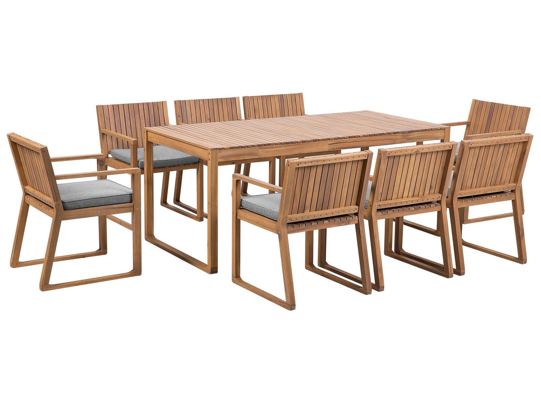 8 Seater Acacia Wood Garden Dining Set with Grey Cushions Sassari