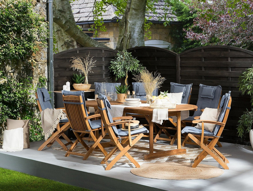 Maui 8 Seater Acacia Wood Garden Dining Set with Blue Cushions 