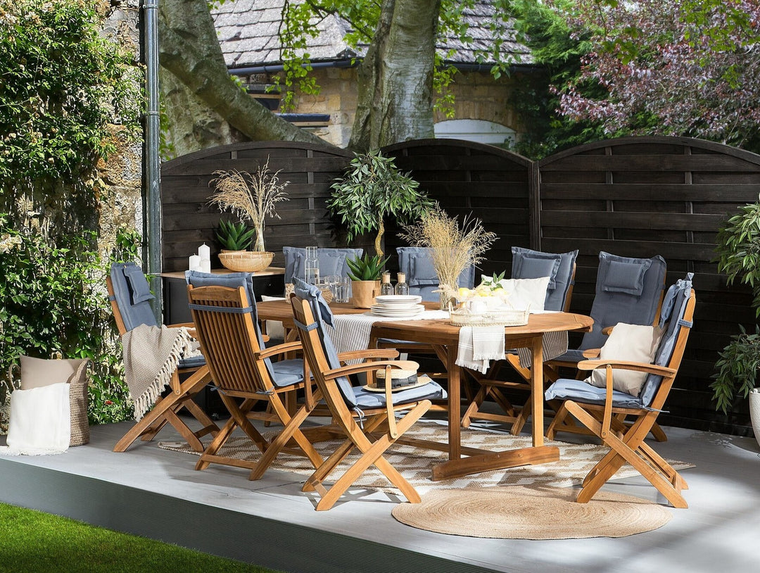 Maui 8 Seater Acacia Wood Garden Dining Set with Blue Cushions 