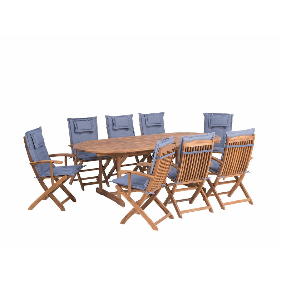 Maui 8 Seater Acacia Wood Garden Dining Set with Blue Cushions 
