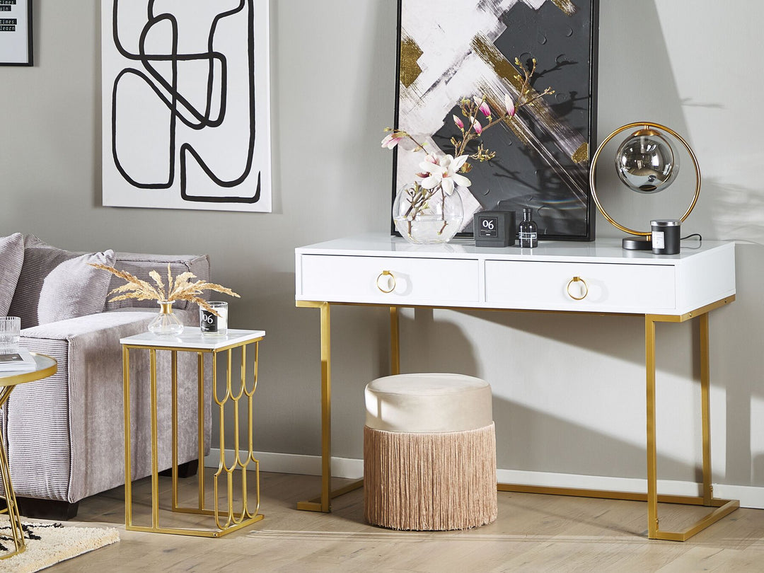 Home Office Desk / 2 Drawer Console Table White with Gold Haner