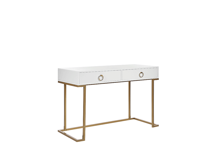 Home Office Desk / 2 Drawer Console Table White with Gold Haner