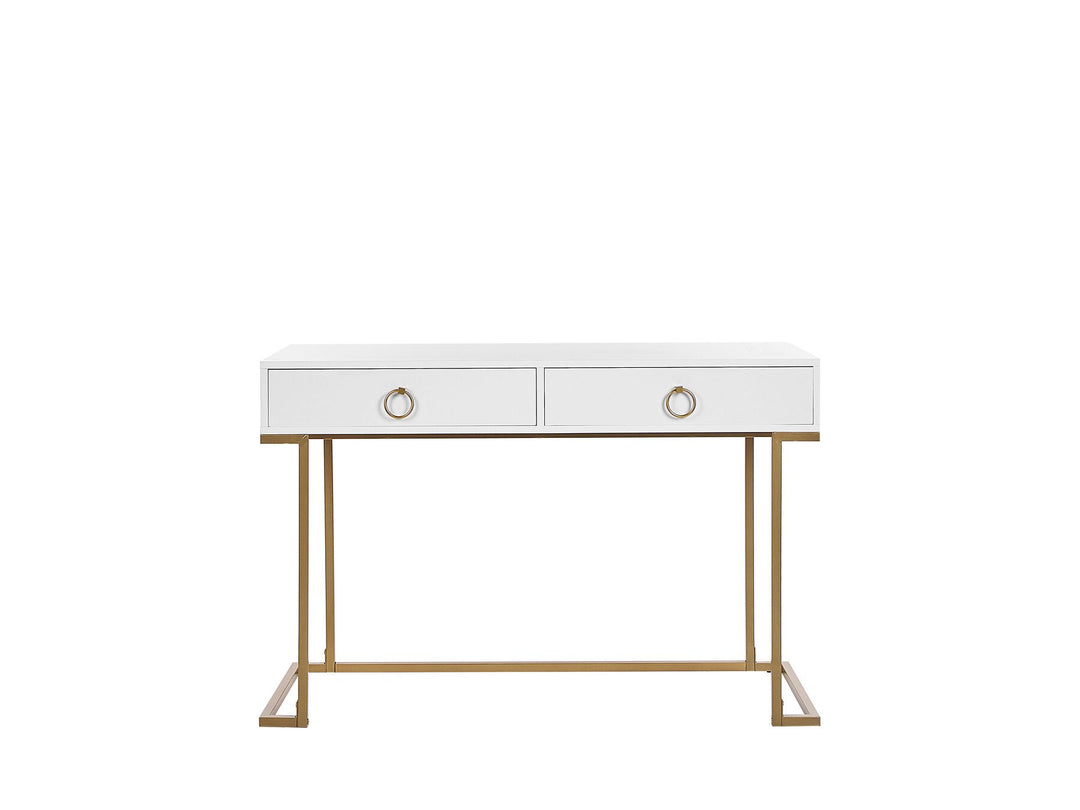 Home Office Desk / 2 Drawer Console Table White with Gold Haner