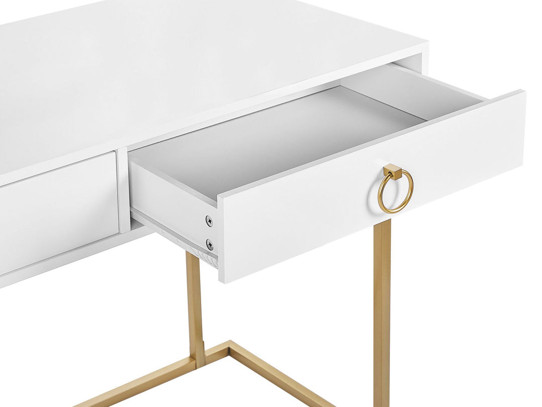 Home Office Desk / 2 Drawer Console Table White with Gold Haner