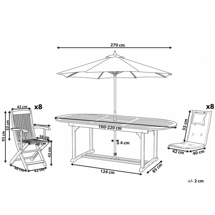 Maui 8 Seater Acacia Wood Garden Dining Set with Beige Parasol and Blue Stripes Cushions