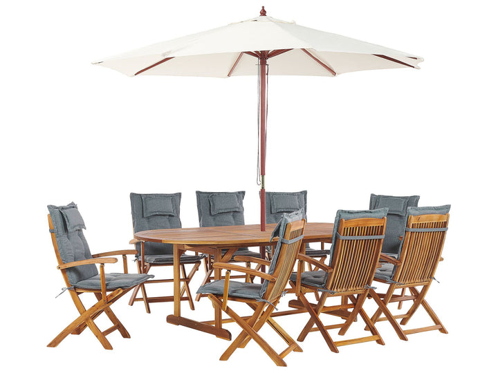 8 Seater Acacia Wood Garden Dining Set with Parasol and Grey Cushions Maui